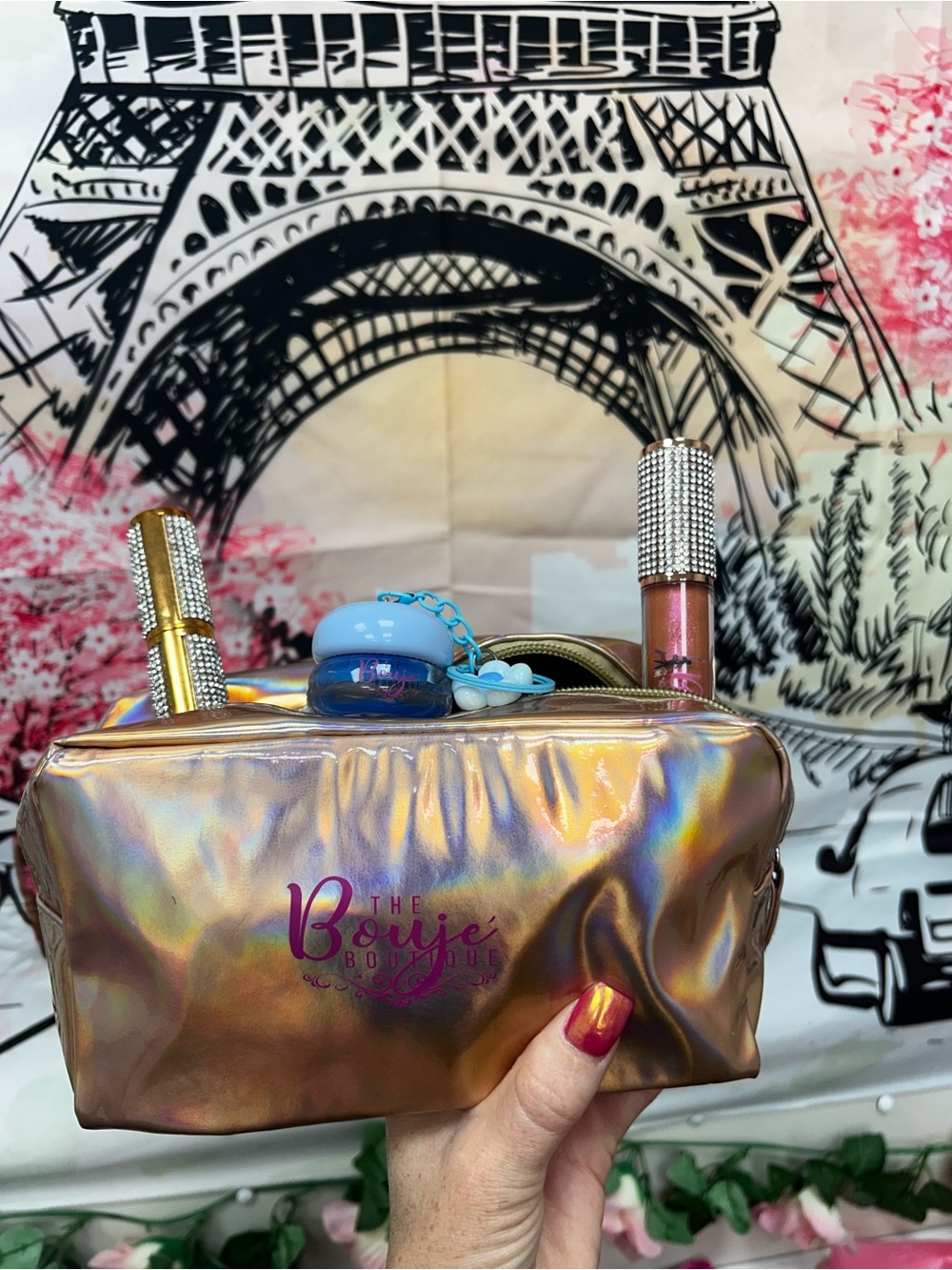 Holographic Rose Gold Cosmetic Bag - Iridescent Gold